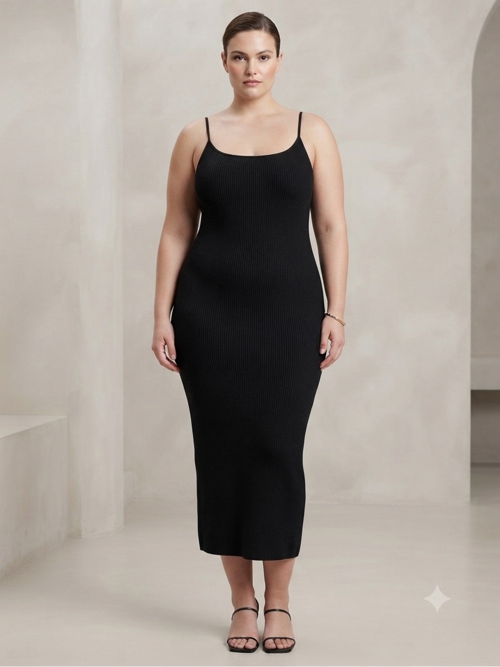 Black Ribbed Slip Midi Dress